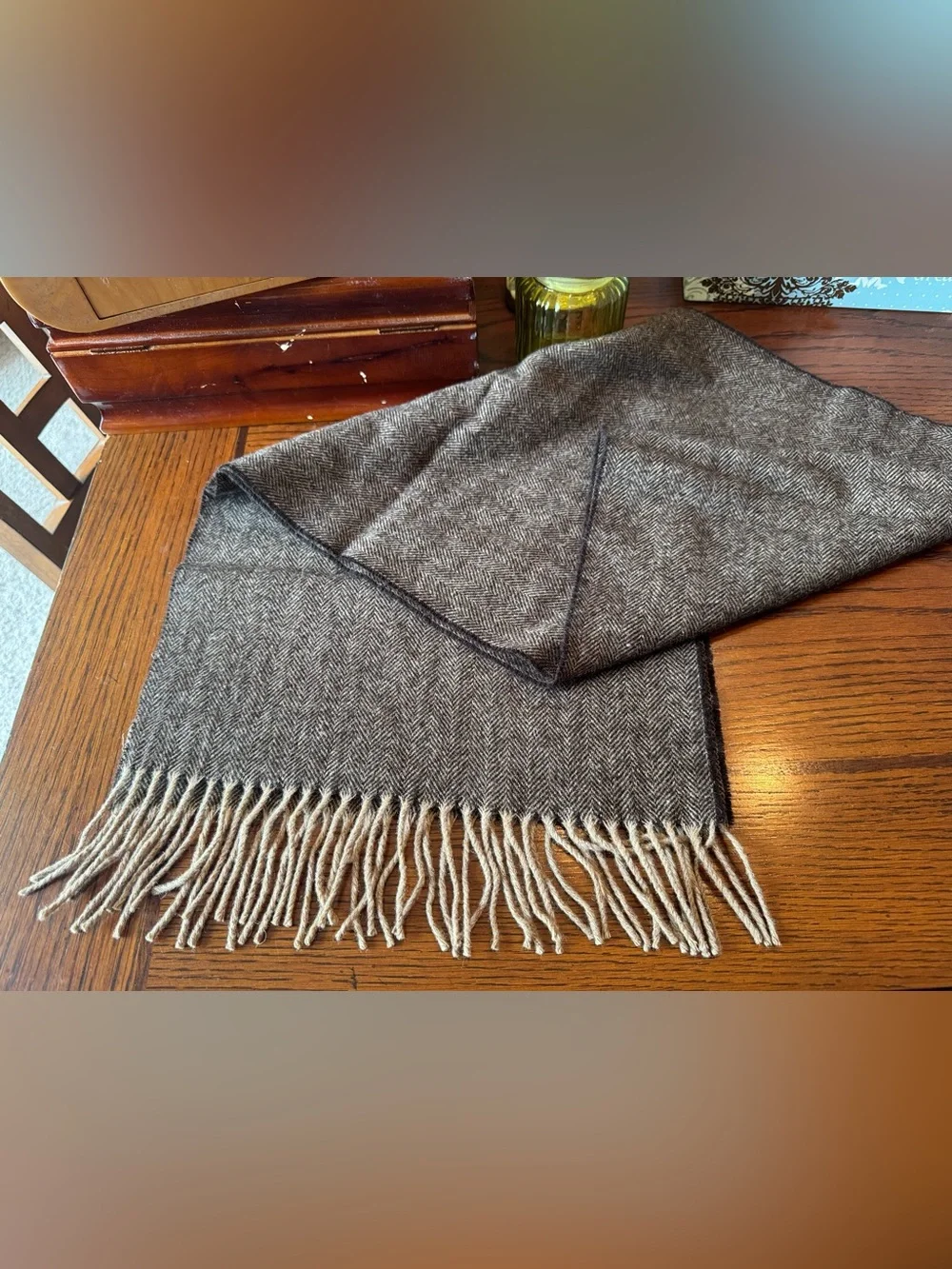Amicale Camel Hair Scarf Herringbone Brown Men’s Unisex Dark Fringe Made In USA